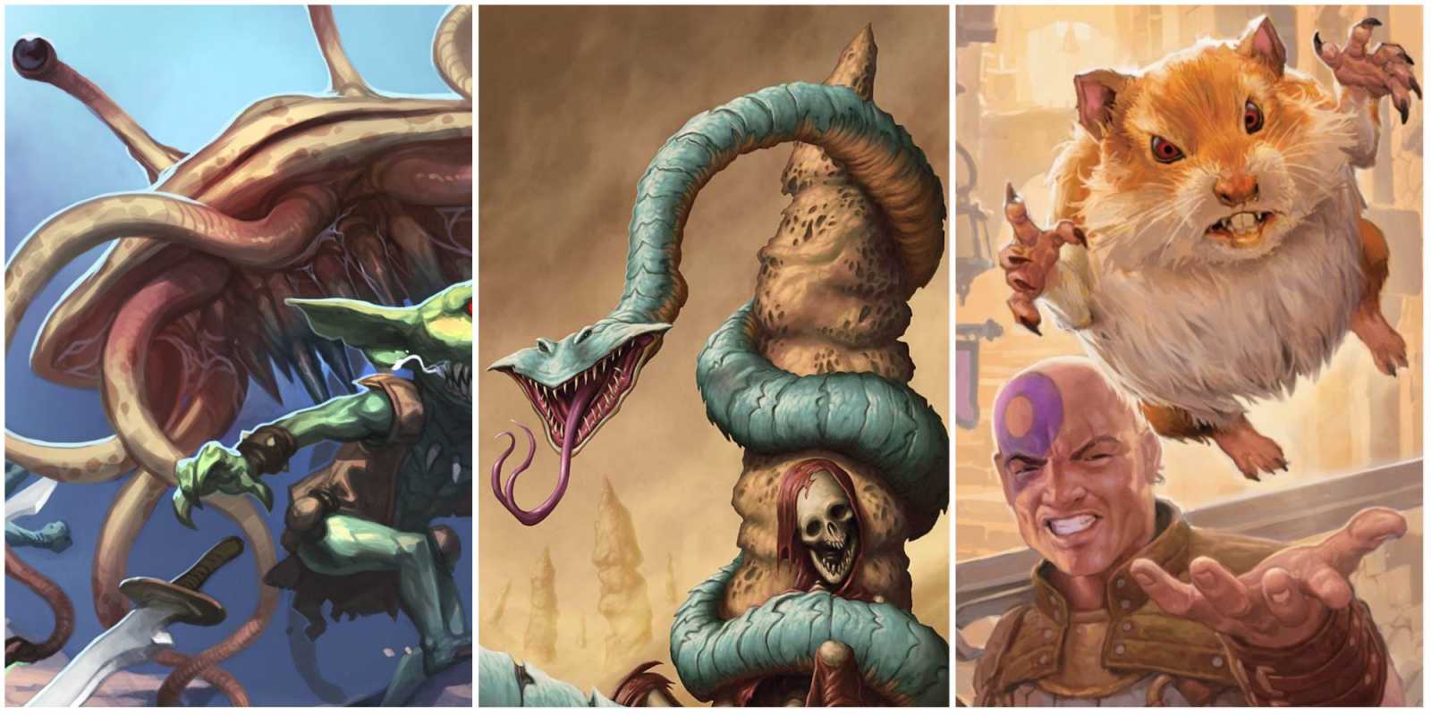 Un collage de un flumph, una criatura parecida a una medusa, atacando a los duendes Pathfinder, una criatura serpentina llamada wyrm de seda de Dark Sun y Boo, el hámster espacial gigante en miniatura de Magic the Gathering.