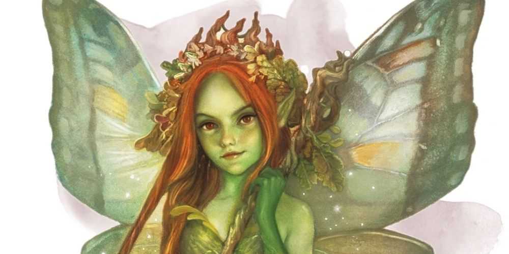 Una criatura Pixie Fey en DnD con piel verde y cabello rojo sonríe al espectador.