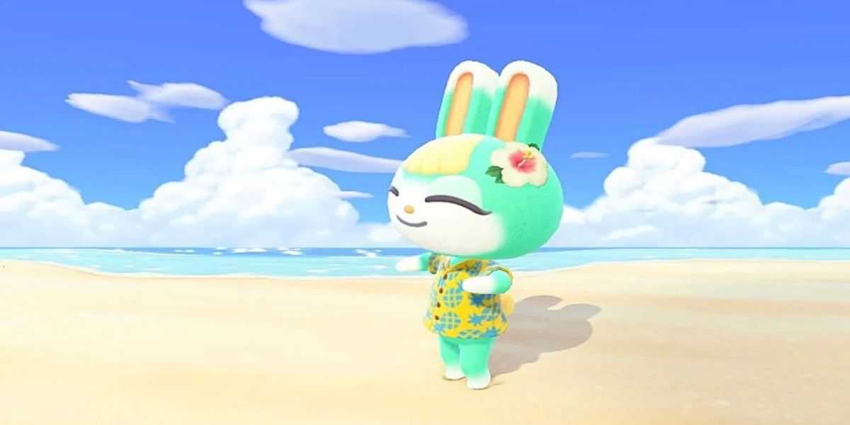 Sasha lächelt mit einem Blumenaccessoire aus Animal Crossing New Horizons