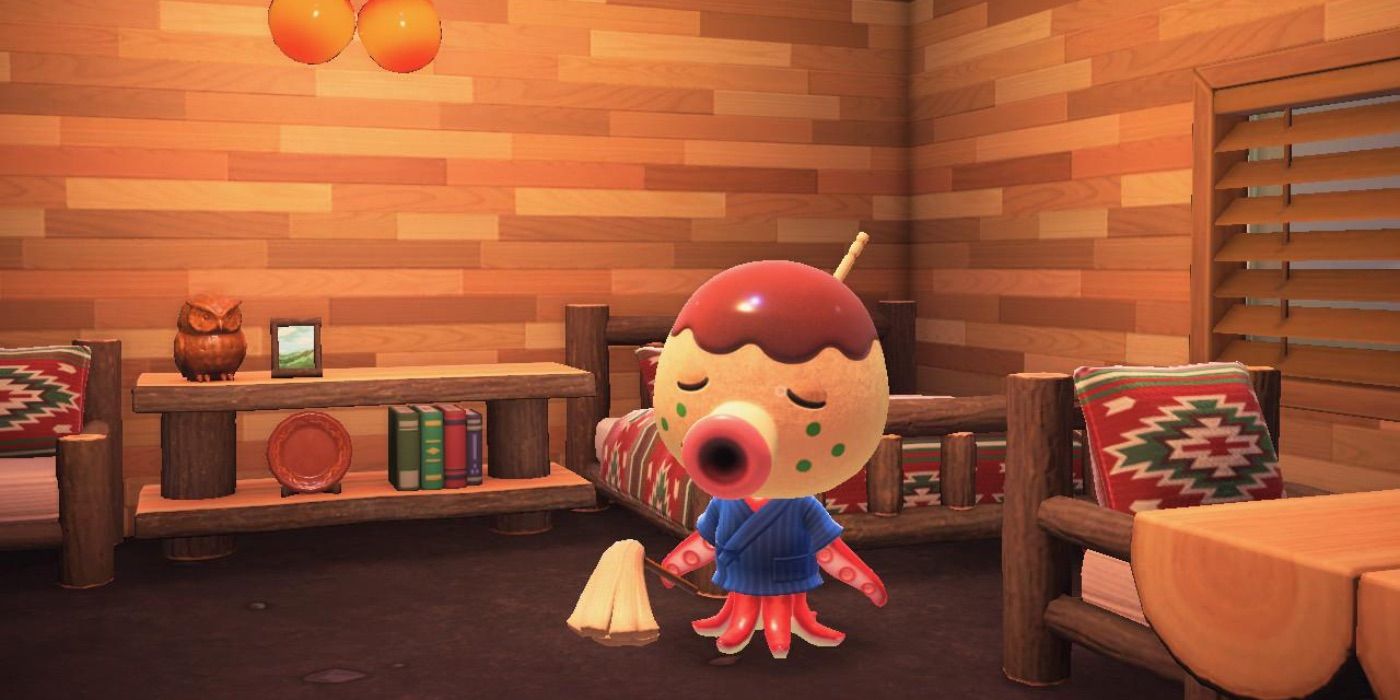 Animal Crossing-Dorfbewohner Zucker steht in seinem Haus