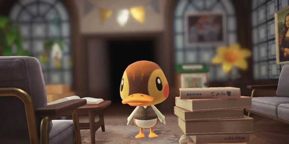 Molly neben einem hohen Stapel Bücher in Animal Crossing New Horizons.