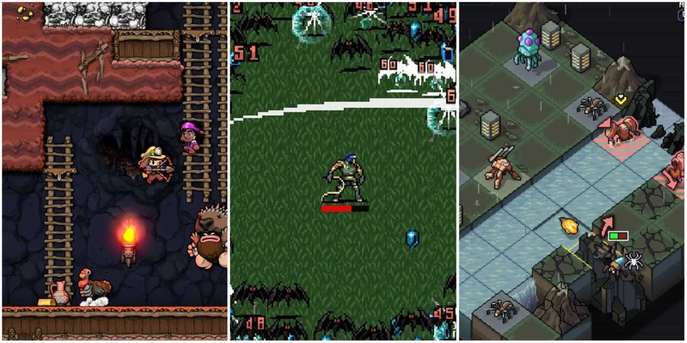 Spelunky 2、Vampire Survivors、Into the Breach ローグライク ゲームを示す分割画像