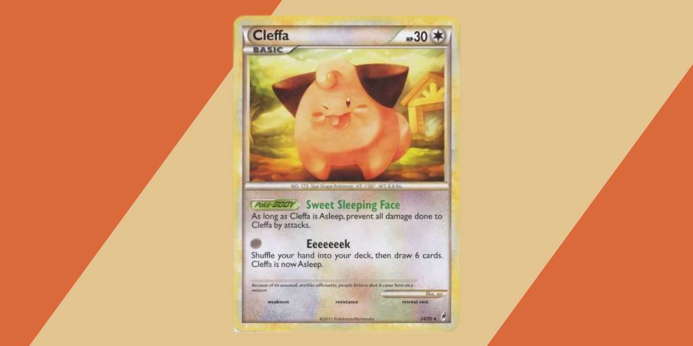 Cleffa-Pokemon-Karte vor einem orange-braunen Hintergrund