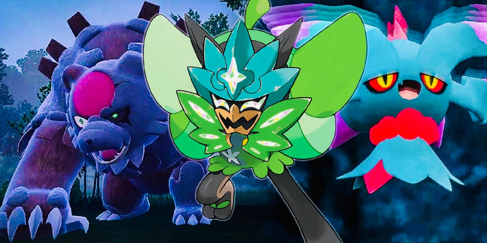 Ogerpon, Blutmond-Ursaluna und Flattermähne aus der scharlachroten und violettblauen Maske von Pokemon