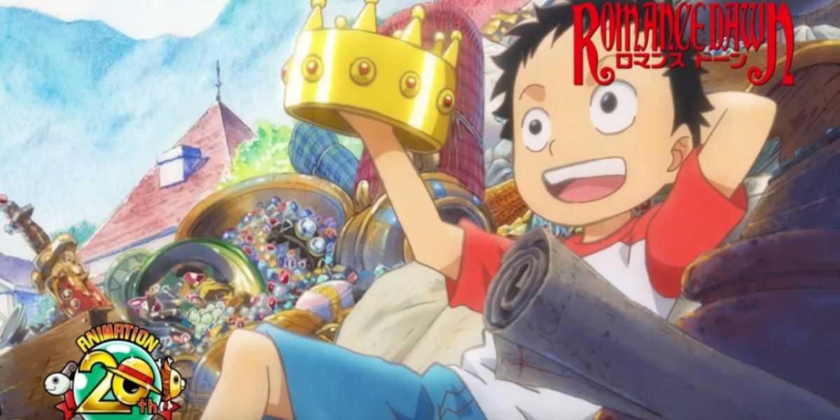 7-ročný Luffy D. Monkey sedí na poklade v oblúku Romance Dawn of One Piece
