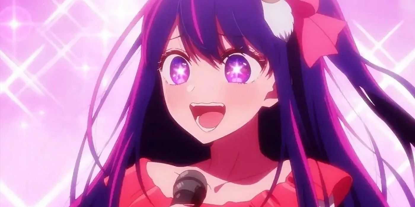 Ai Hoshino singt mit glitzerndem Hintergrund in Oshi no Ko