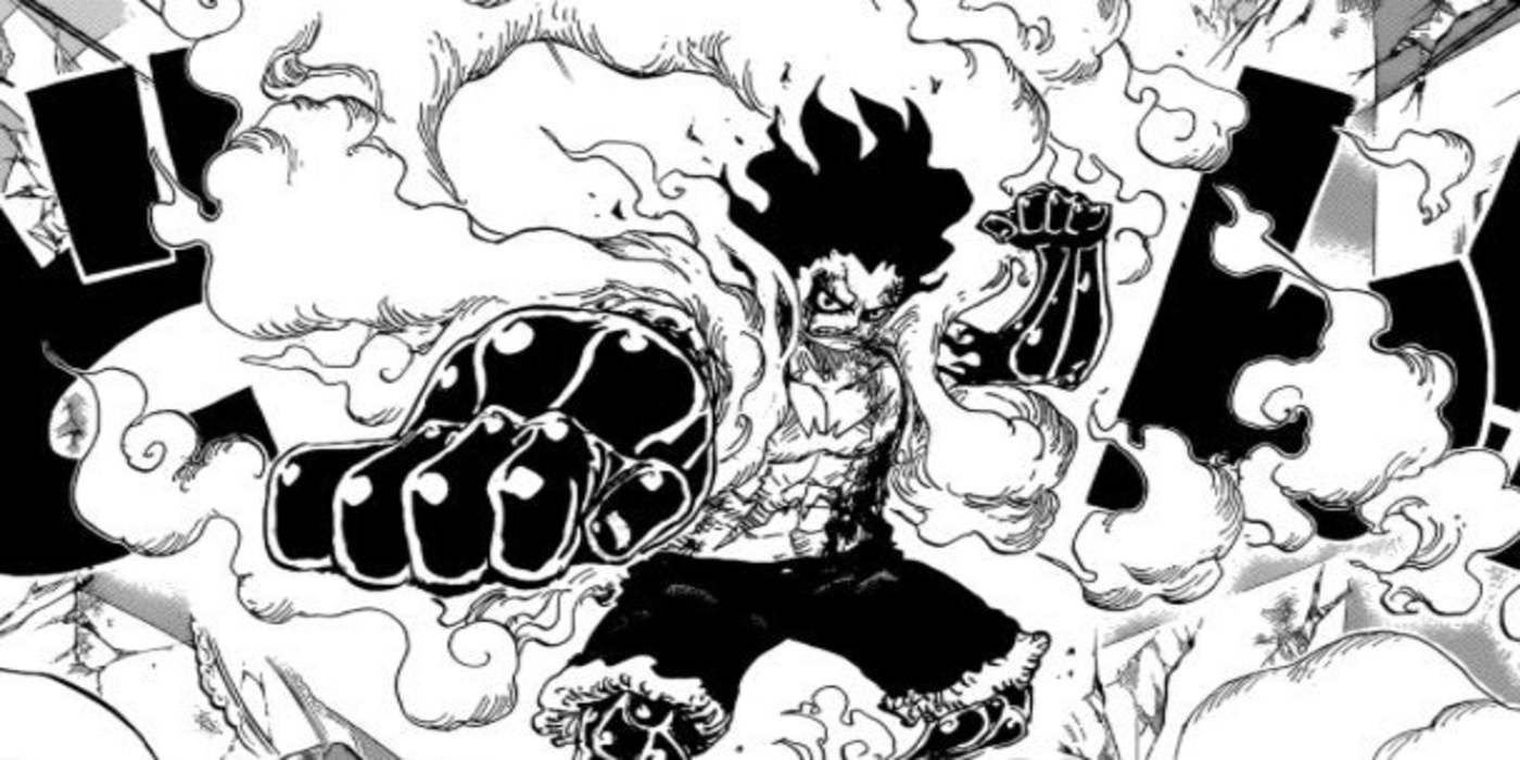白黒漫画のパネルでギア 4 スネイクマン バージョンを使用するルフィ