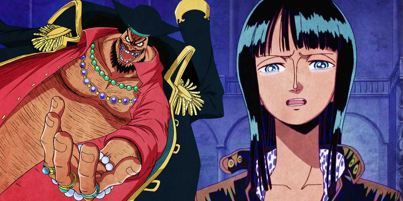 A la izquierda, Barbanegra sonríe y extiende una mano. A la derecha, Nico Robin empieza a llorar.