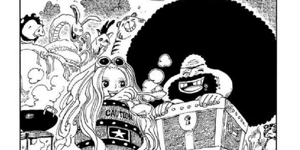 漫画『ワンピース』で笑顔で笑うサーファンクルとガイモン