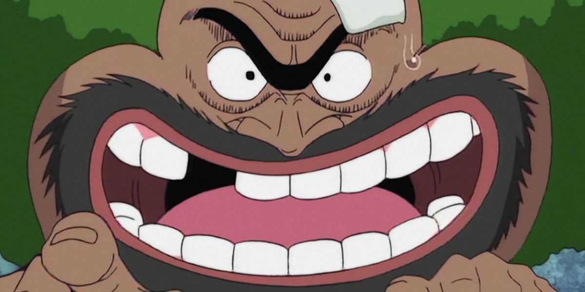 アニメ『ワンピース』で笑いながら話しているガイモンのクローズアップ