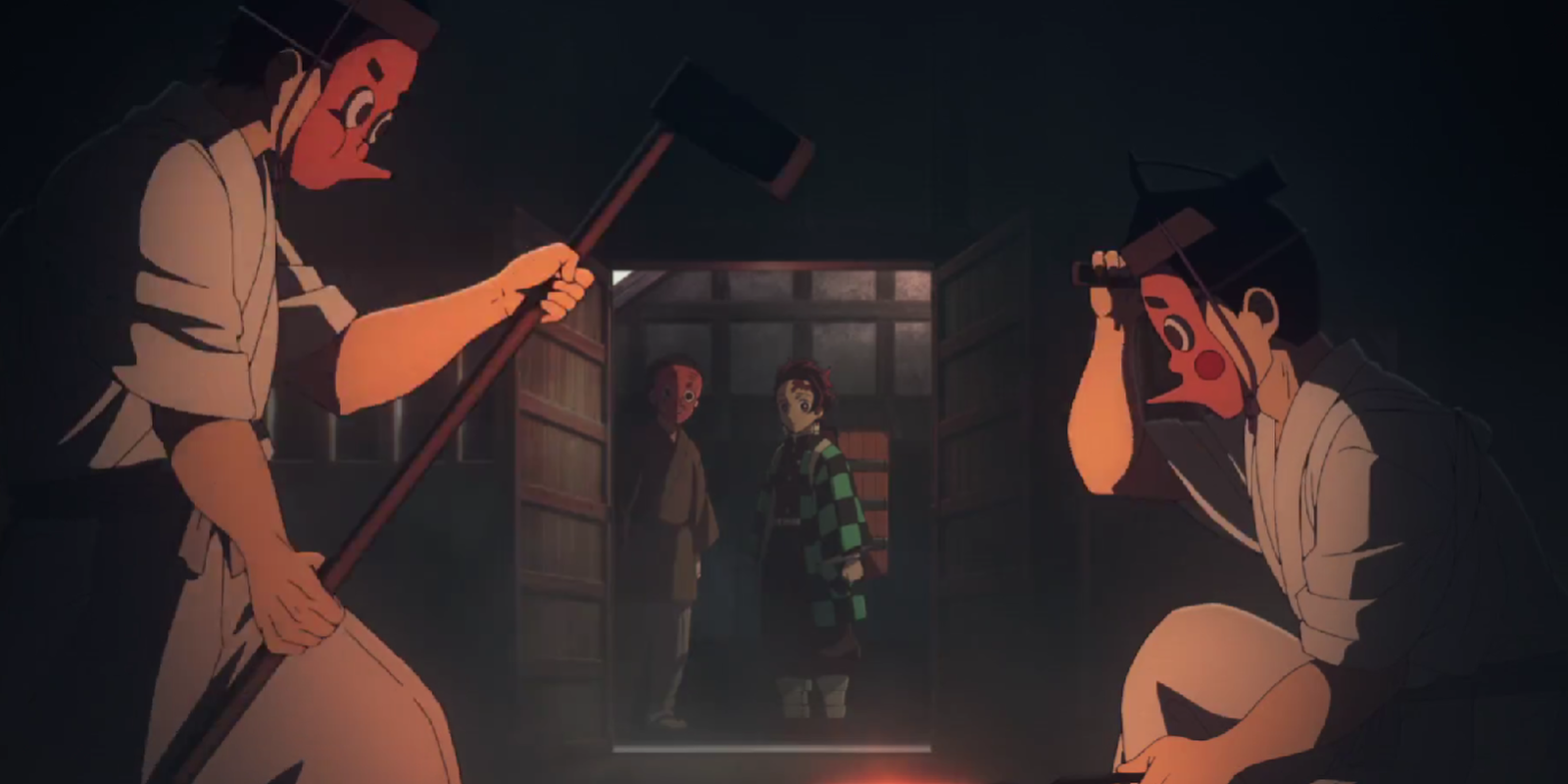 Demon Slayer Swordsmith VIllage Arc Episode 1 s Tanjirom pri pohľade na pracujúcich šermiarov