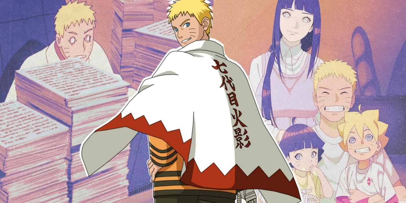 Naruto con capa de Hokage, Naruto haciendo trámites y Naruto y su familia.