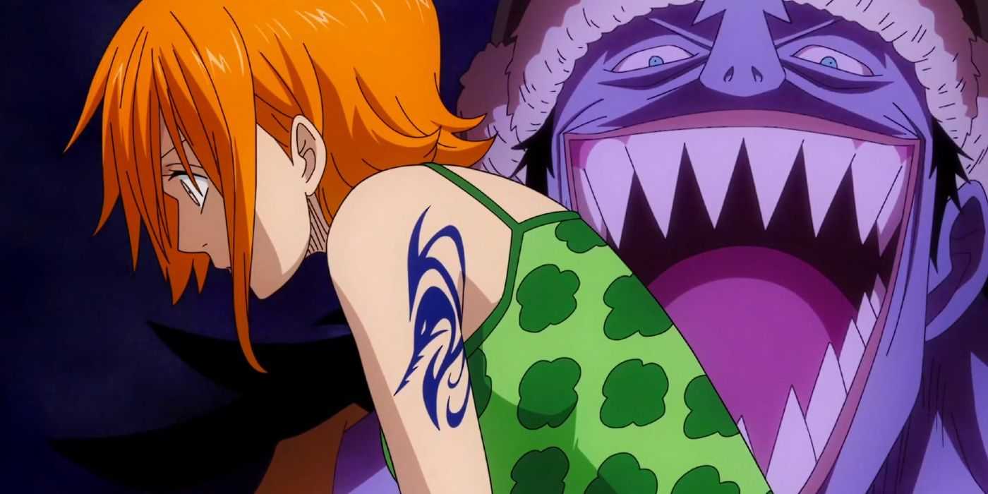 Нами, штурман Пиратов Соломенной Шляпы, и Арлонг во время воспоминаний в One Piece.