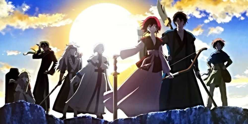 Yona y el grupo de Yona of the Dawn parados en un acantilado frente a un sol brillante.