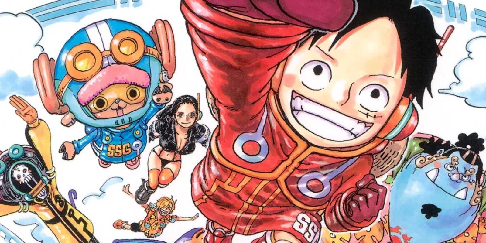 Brook, Tony Tony Chopper, Nico Robin, Sanji, Monkey D. Ruffy und Jinbe, wie sie in One Piece auftreten