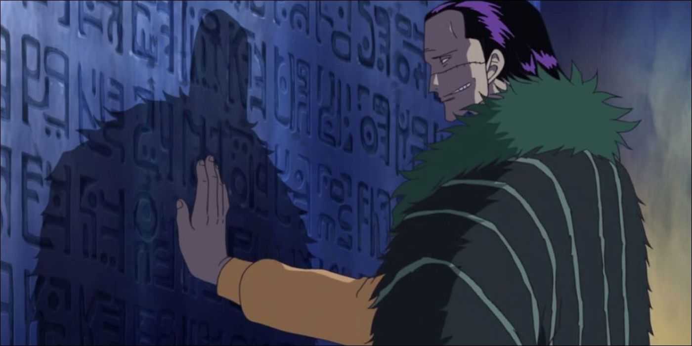 Crocodile, einer der sieben Kriegsherren der Meere, legt während One Piece seine Hand auf eine Rio-Poneglyphe