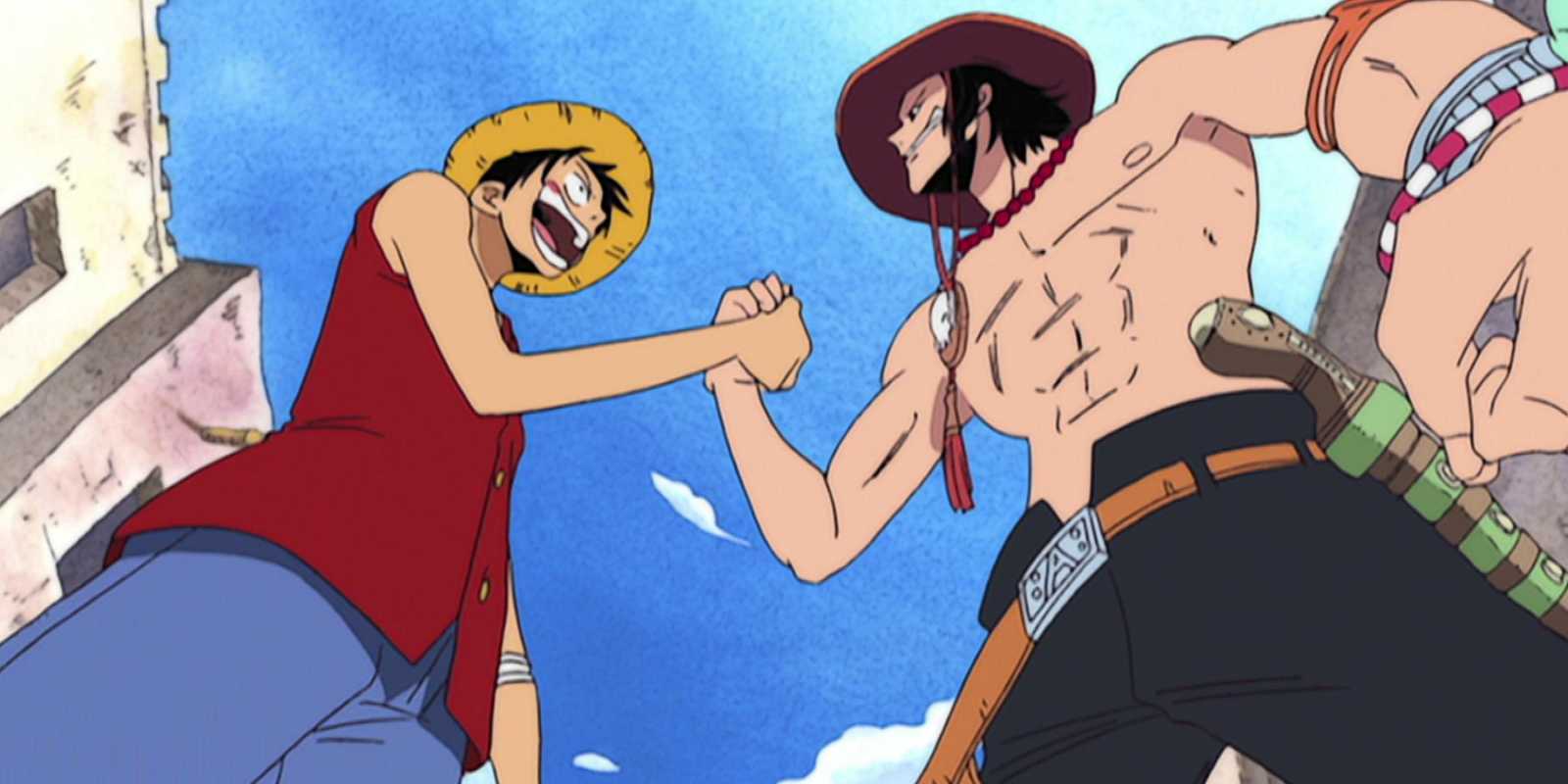 Monkey D. Ruffy schüttelt Portgas D. Ace während One Piece die Hände