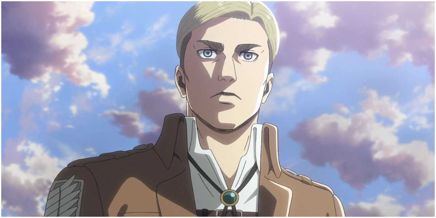 Erin Smith sieht streng aus, als er in AoT unter einem pastellfarbenen Himmel steht.