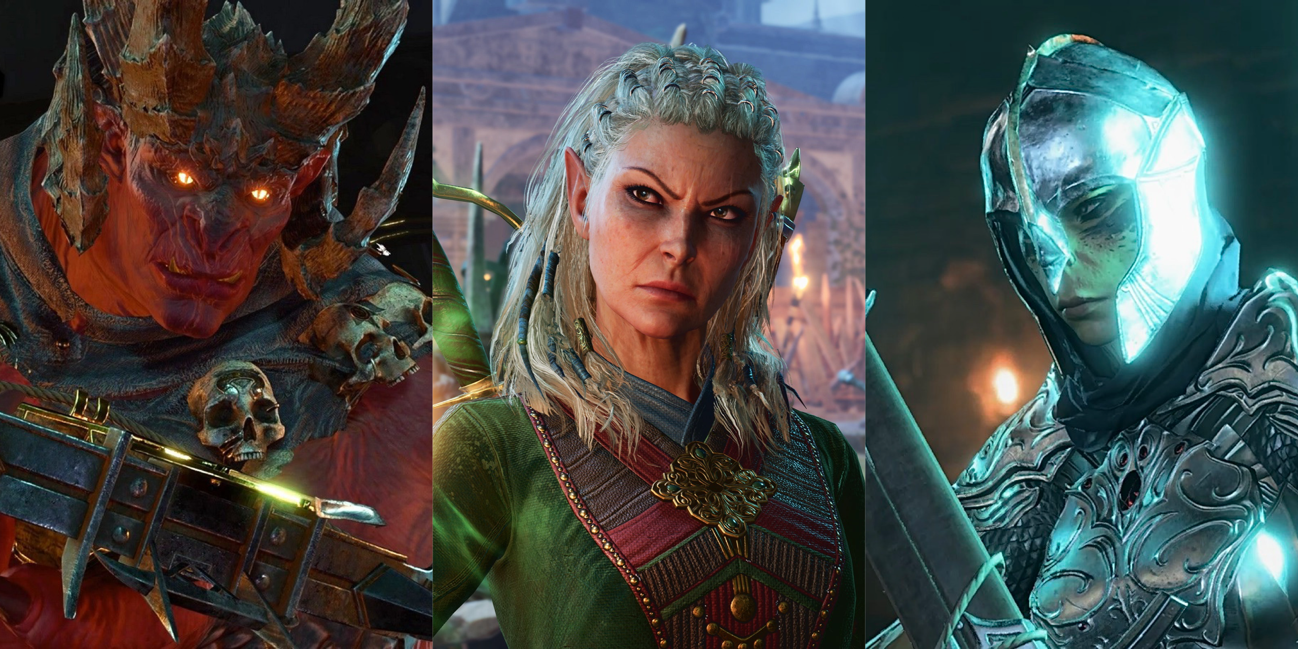 Una imagen dividida de ballesta, Tymora y espada Sussur en Baldur