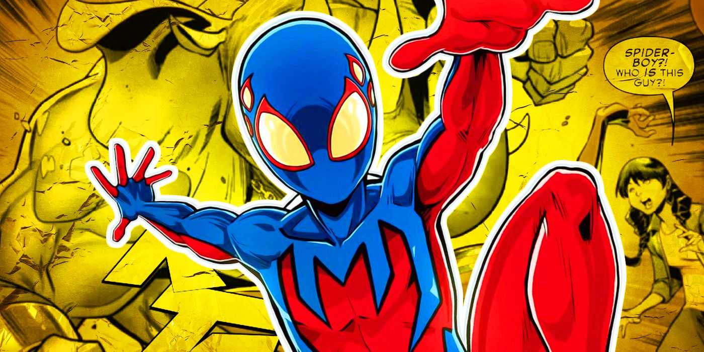 Spider-Boy vor komischem Hintergrund.