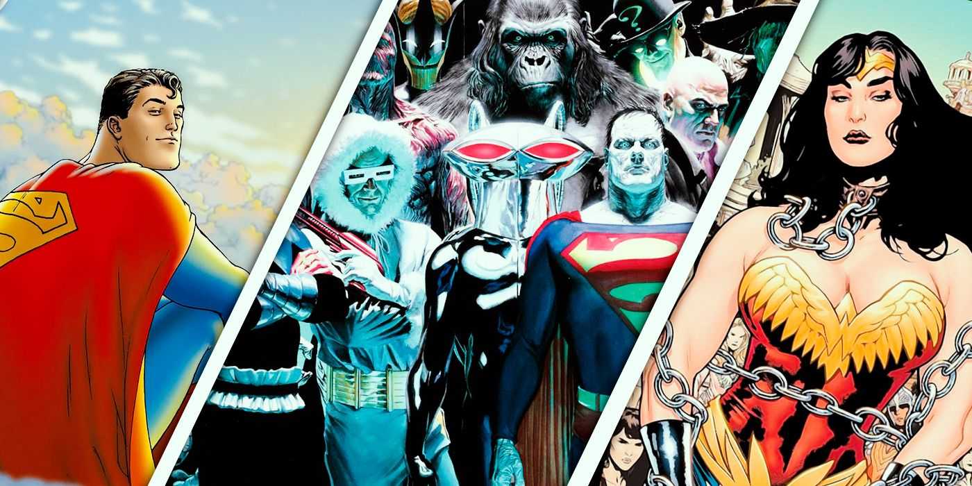 Разделенное изображение Звездного Супермена, группы злодеев DC и Чудо-женщины в цепях.