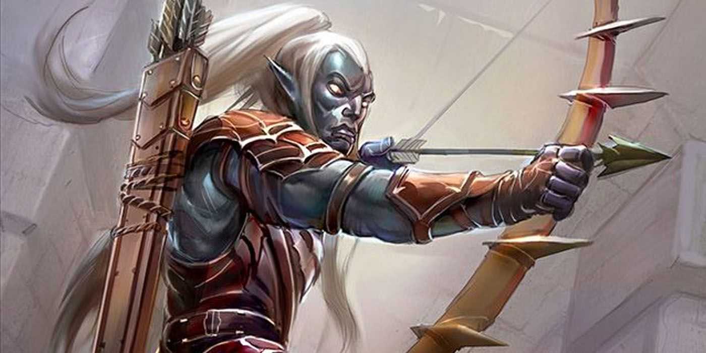 Мрачный сталкер-рейнджер, натягивающий лук в DnD 5e