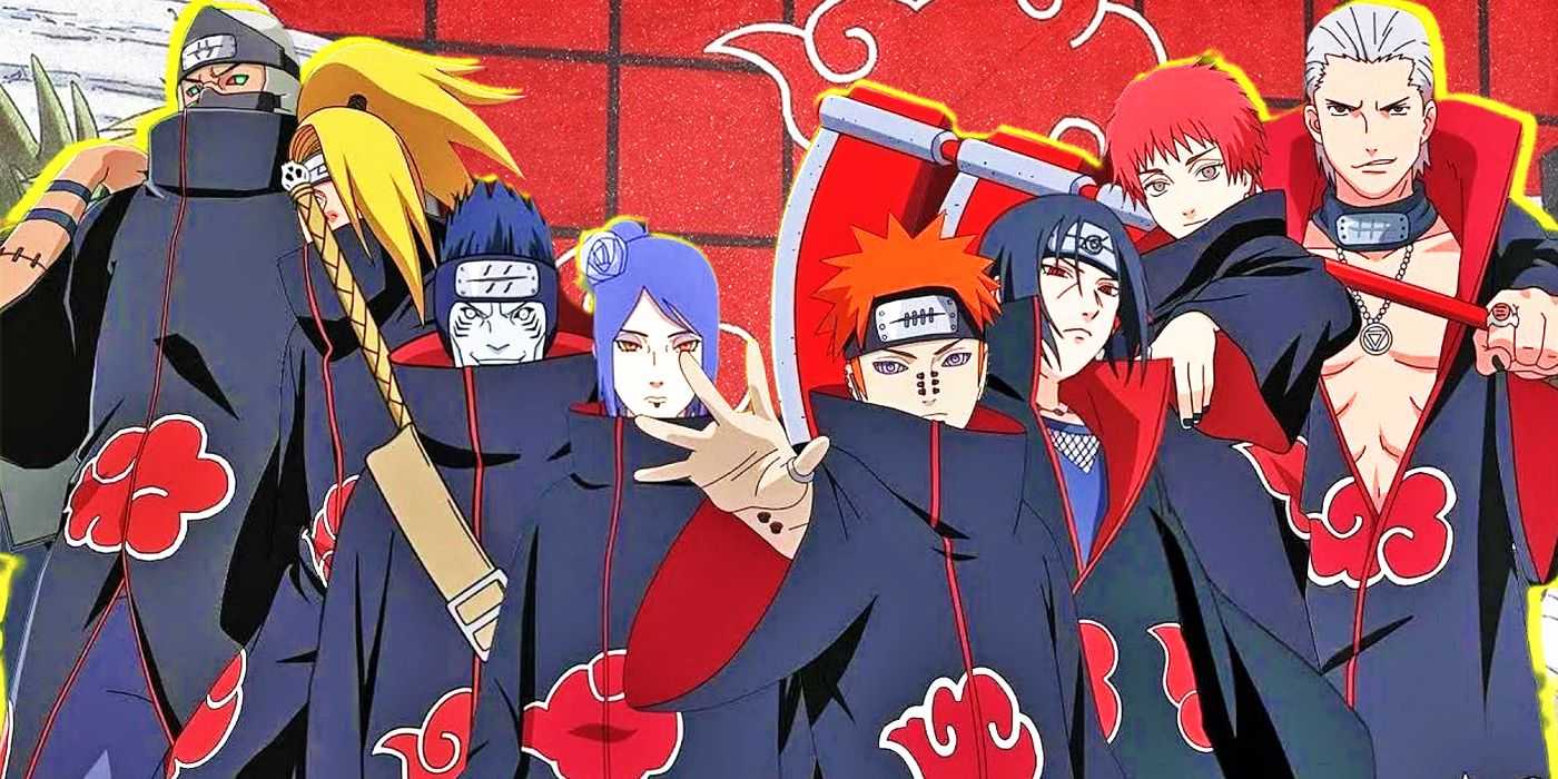 Die Mitglieder der Akatsuki aus dem Naruto-Anime mit ernstem Gesichtsausdruck.