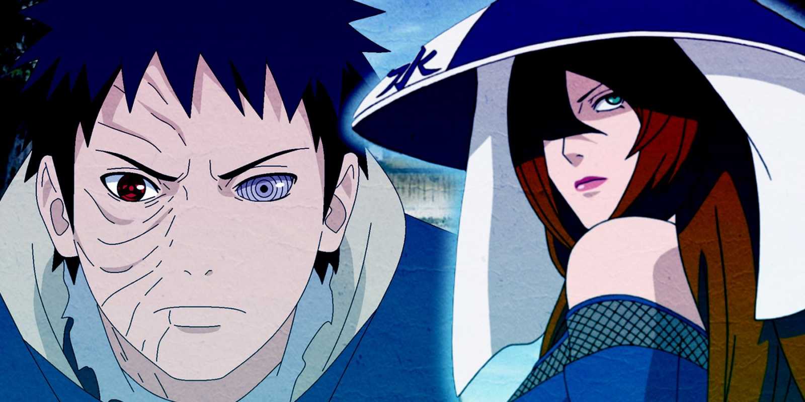 Obito Uchiha beugt sich links nach vorne, rechts der fünfte Mizukage, Mei Terumi