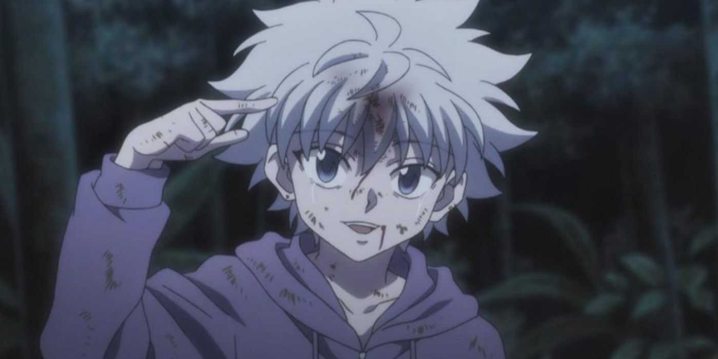 Killua zeigt auf die Nadel in seinem Kopf