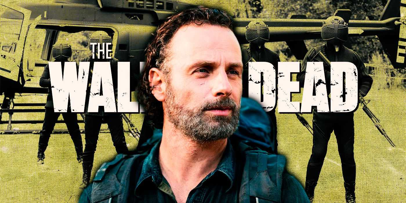 Rick Grimes, The Walking Dead logosu ve CRM askerlerinin önünde
