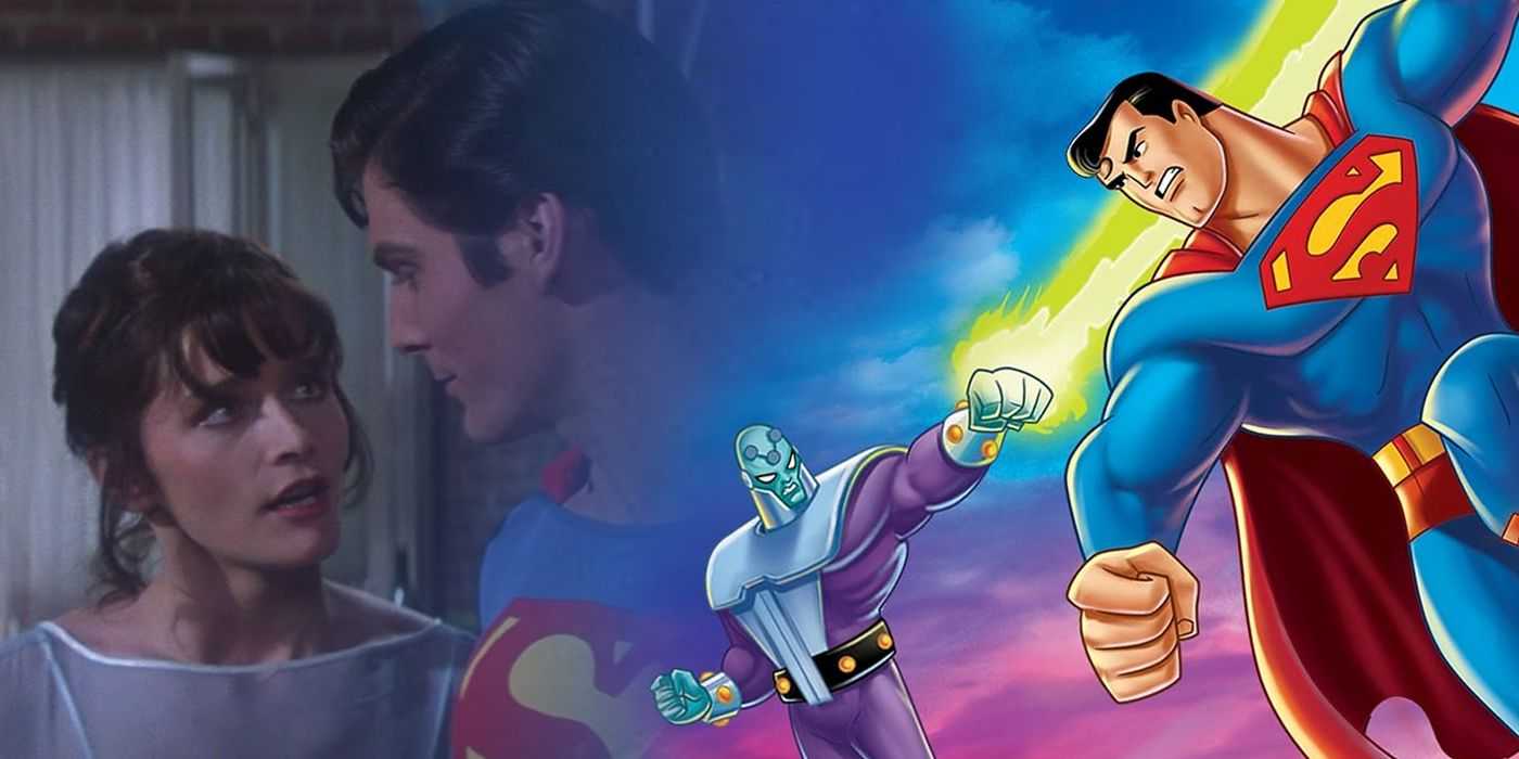 La portada de Sueprman Brainiac Attacks con una escena de Superman: The Movie de fondo