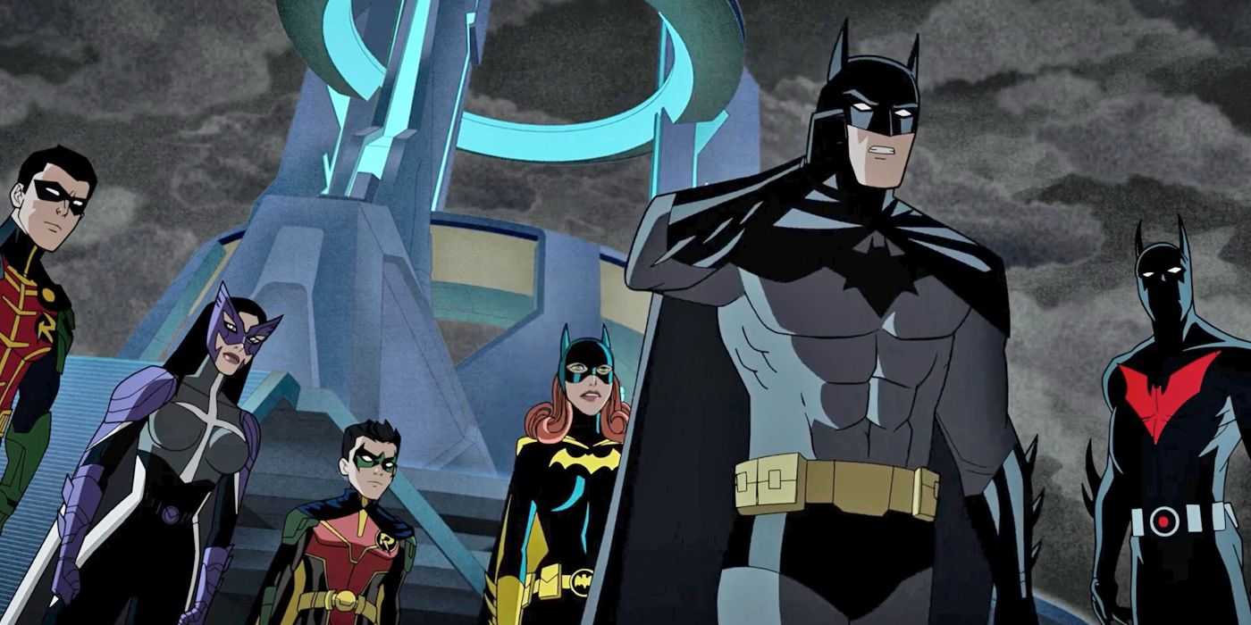 Batman, Cazadora (Helena Wayne), Robin (Dick Grayson), Robin (Damian Wayne), Batgirl (Barbara Gordon) y Batman del Futuro