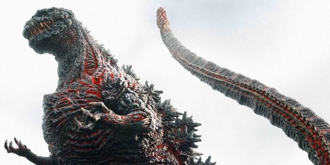 Shin Godzilla ataca contra un cielo blanco.