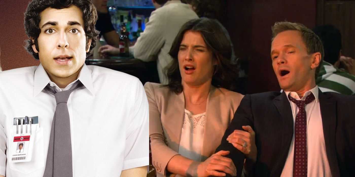Collage von Chuck, der in „Chuck“ verängstigt aussieht, und Barney und Robin, die in „How I Met Your Mother“ angewidert aussehen