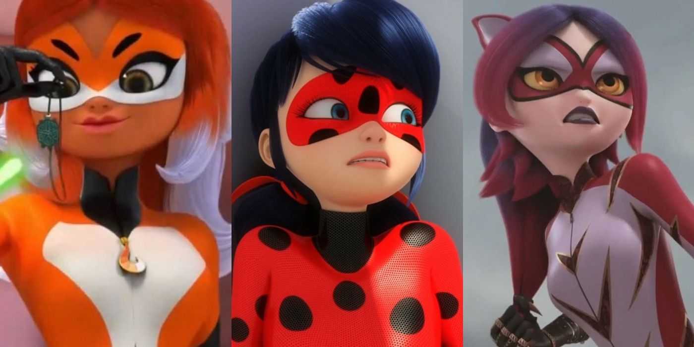 Ein geteiltes Bild zeigt Rena Rouge, Ladybug und Purple Tigress in Miraculous Ladybug