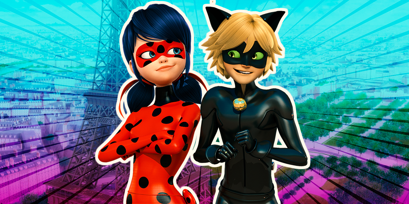 Ladybug & Cat Noir Mit dem Eiffelturm im Hintergrund.